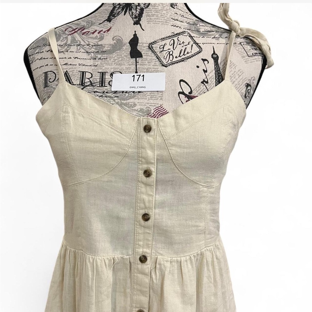 Aerie Tan Linen Button-Down Mini Dress with tie straps - Picture 2 of 4